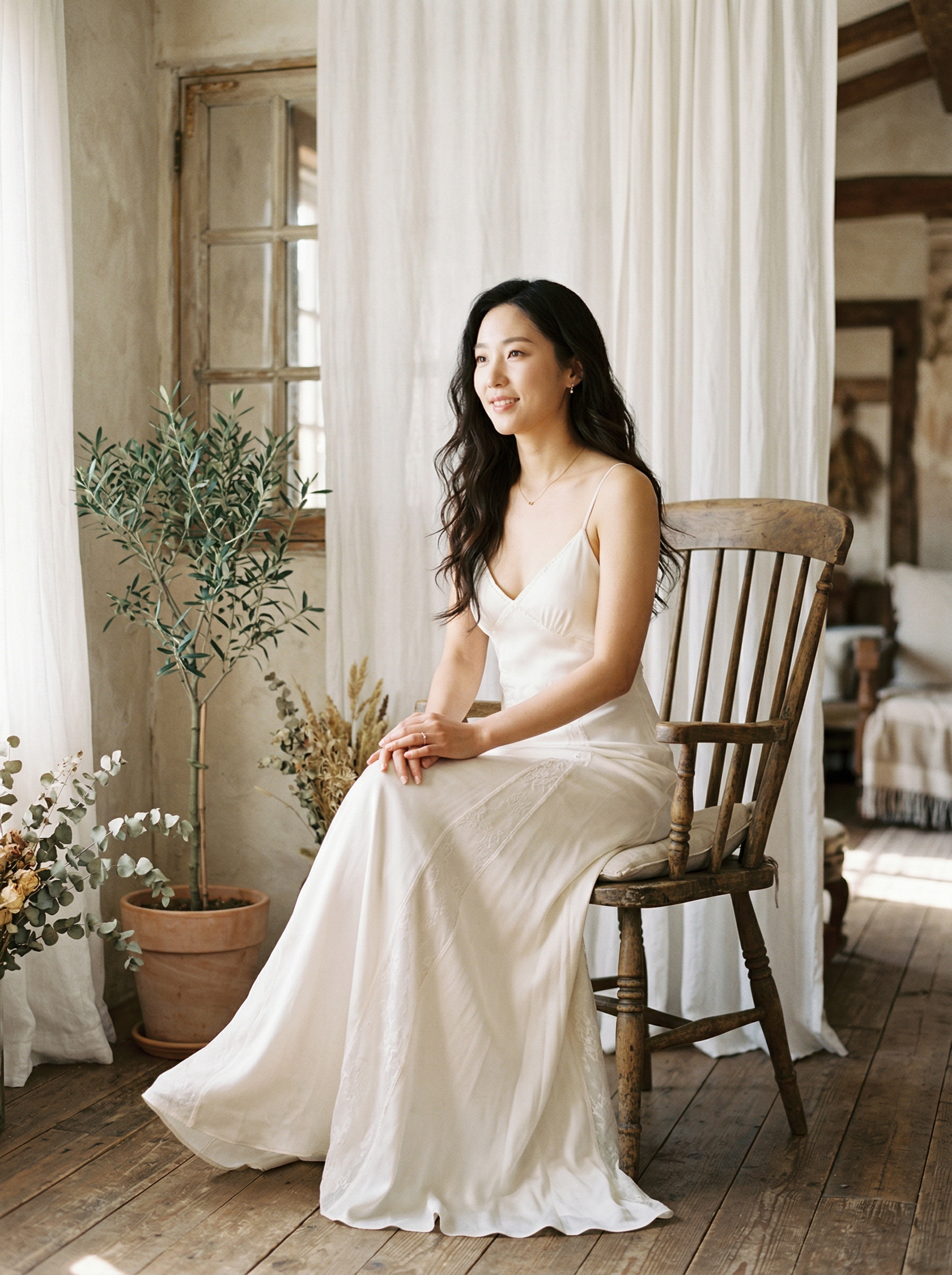 Yuna in morning light by a farmhouse window