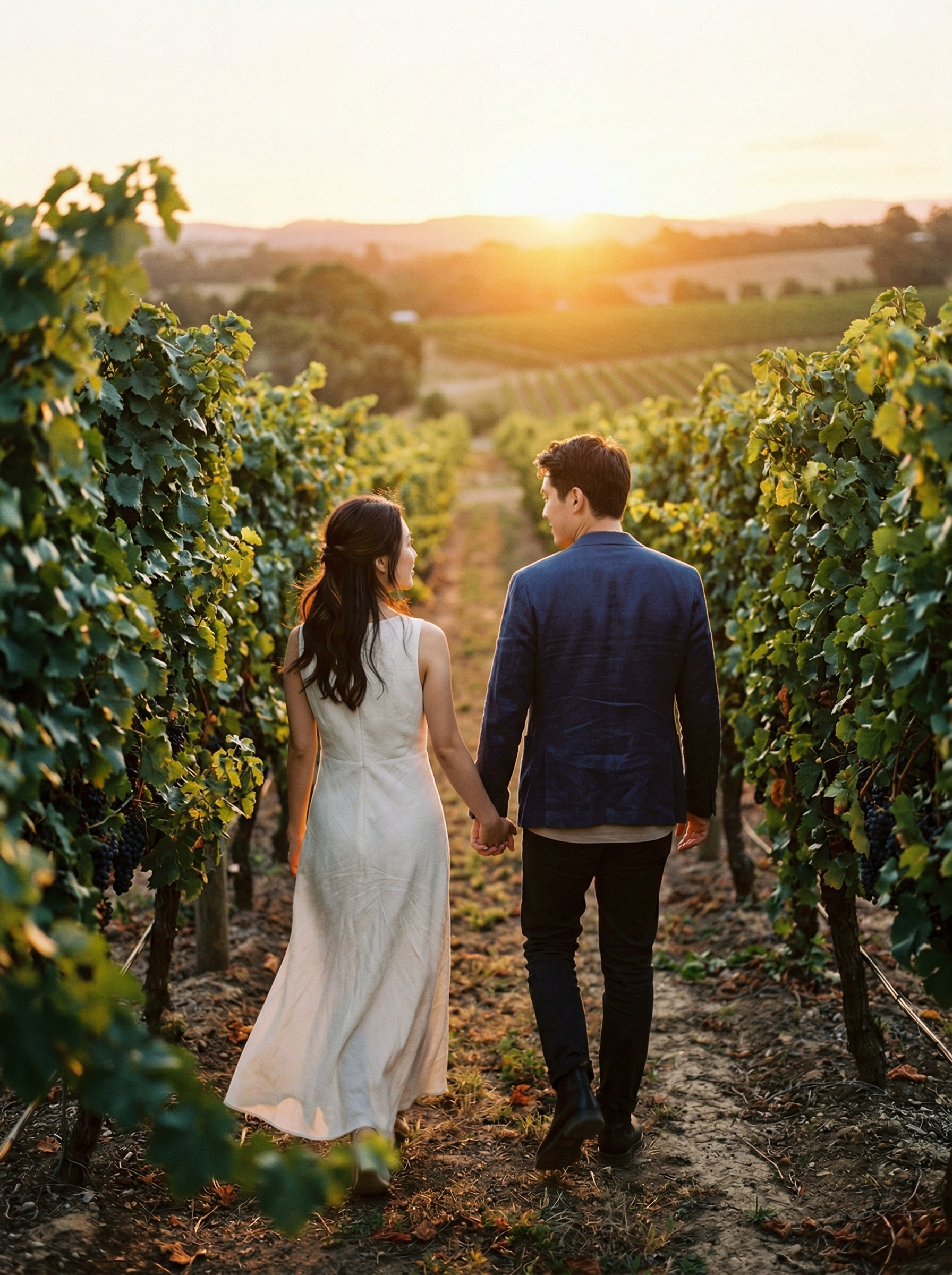 Yuna and Elliot walking through vineyard rows at golden hour