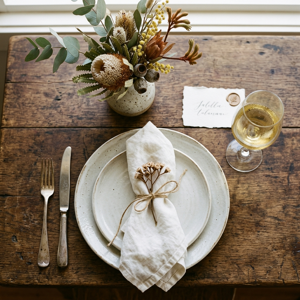 Table setting with native flowers and calligraphy cards