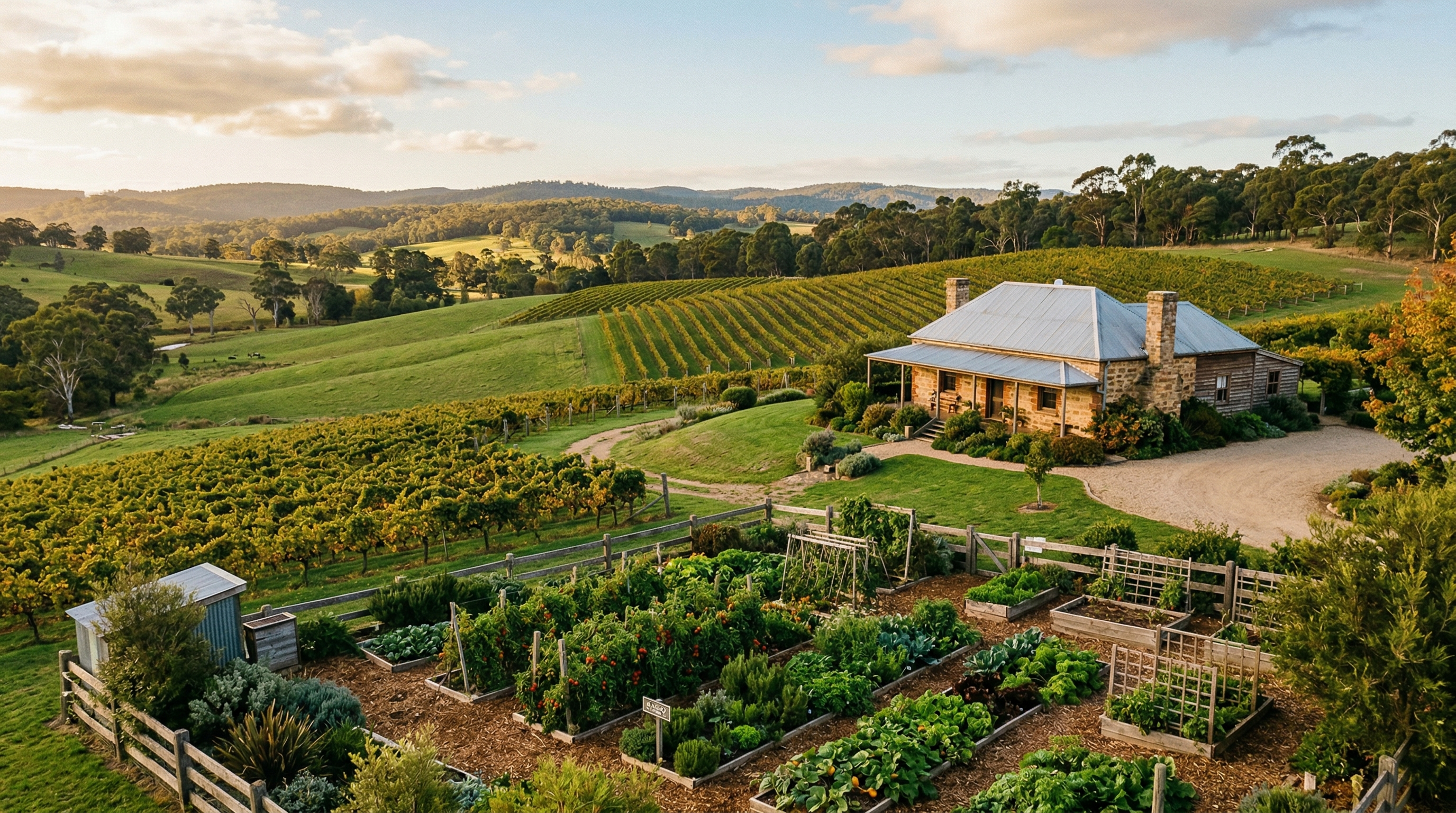 Rolling green hills of Birregurra countryside with farmhouse